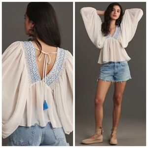 Anthropologie Sheer Smocked Babydoll Top